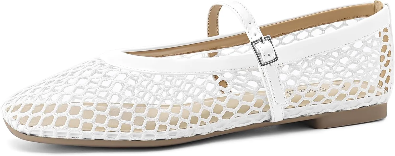 Rihero Mesh Ballet Flats for Women Comfortable Square Toe Ballerina Flats Buckle Strap Casual Fishnet Flat Shoes