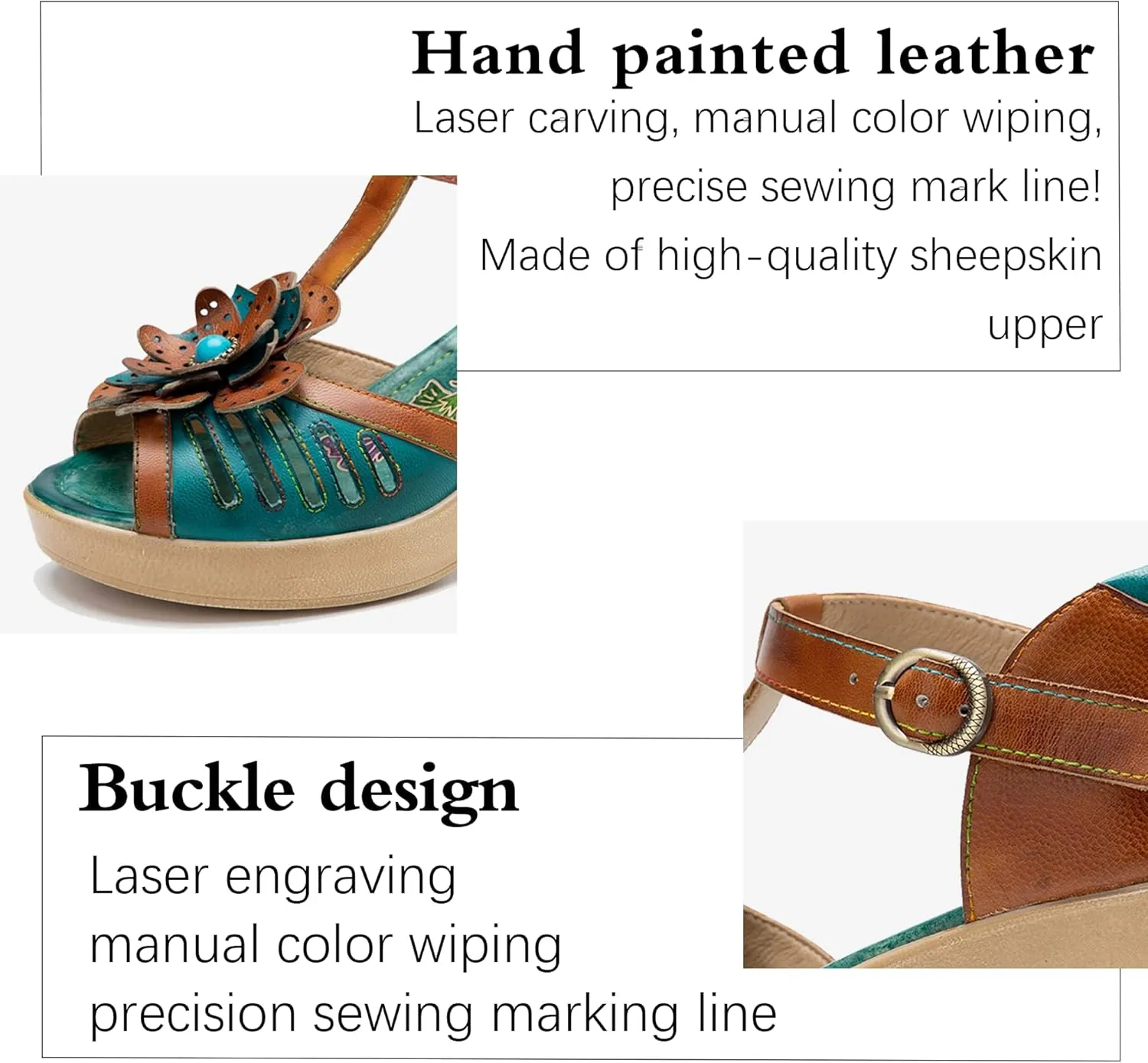 Riutiru Women's Handmade Lambskin Retro Casual Sandals for Spring and Summer, Contrast 3D Color-blocking Flower Comfortable High-heeled Sandals for Women