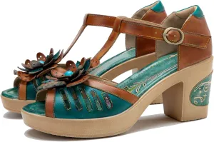 Riutiru Women's Handmade Lambskin Retro Casual Sandals for Spring and Summer, Contrast 3D Color-blocking Flower Comfortable High-heeled Sandals for Women