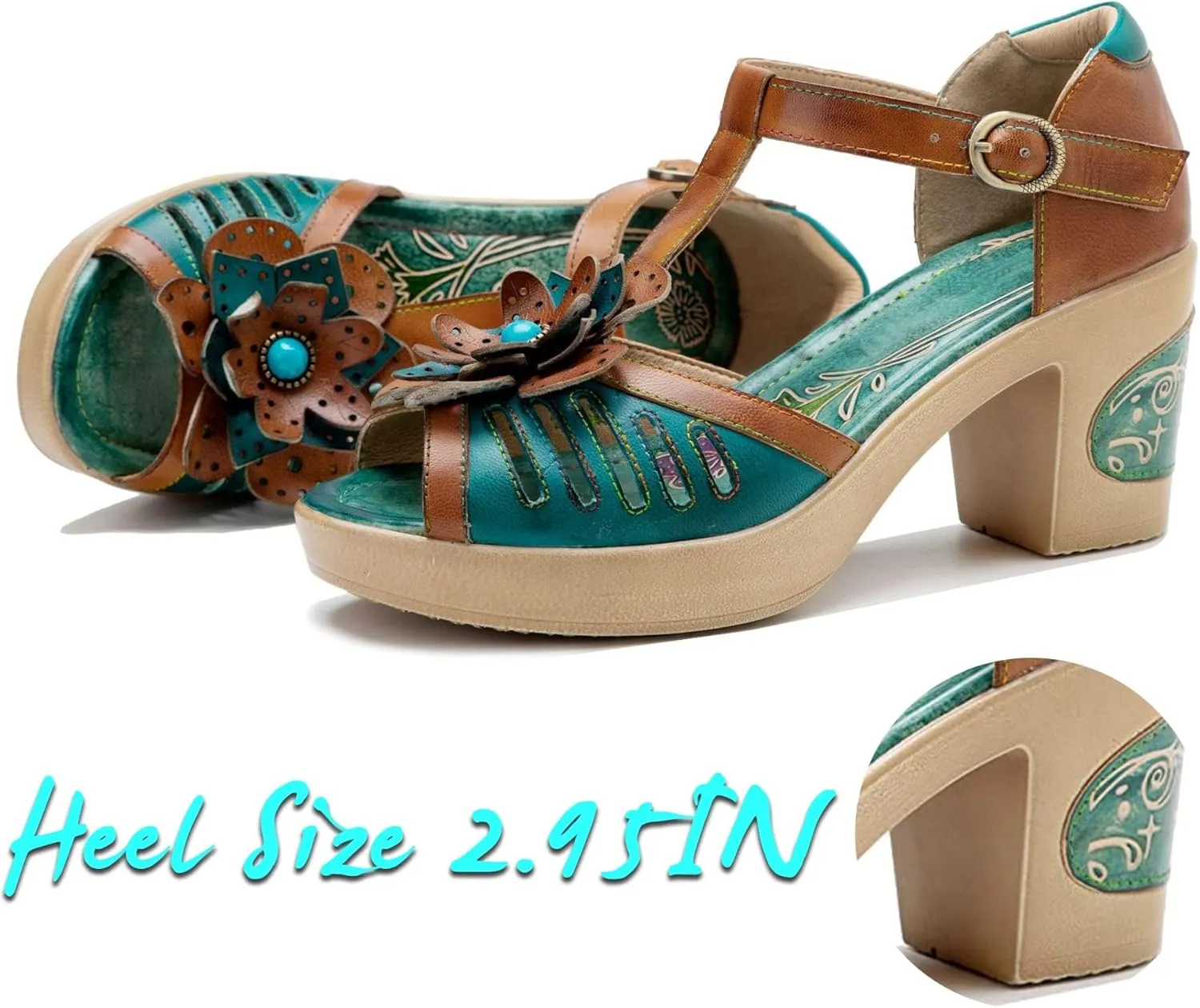 Riutiru Women's Handmade Lambskin Retro Casual Sandals for Spring and Summer, Contrast 3D Color-blocking Flower Comfortable High-heeled Sandals for Women