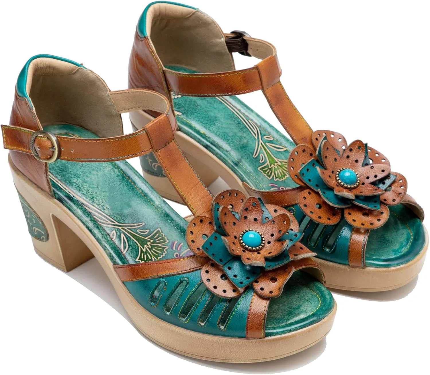 Riutiru Women's Handmade Lambskin Retro Casual Sandals for Spring and Summer, Contrast 3D Color-blocking Flower Comfortable High-heeled Sandals for Women