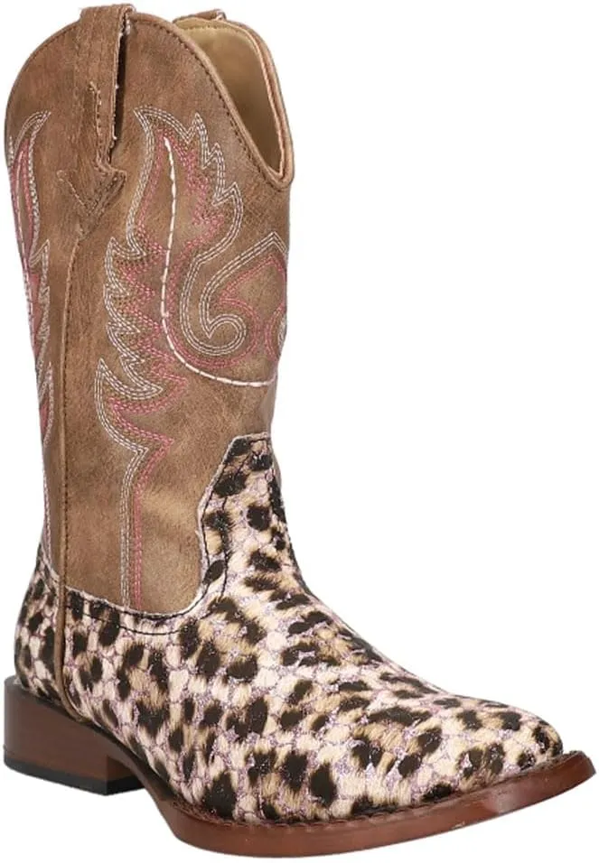 ROPER Kids Girls Glitter Leopard Square Toe Casual Boots Mid Calf - Brown