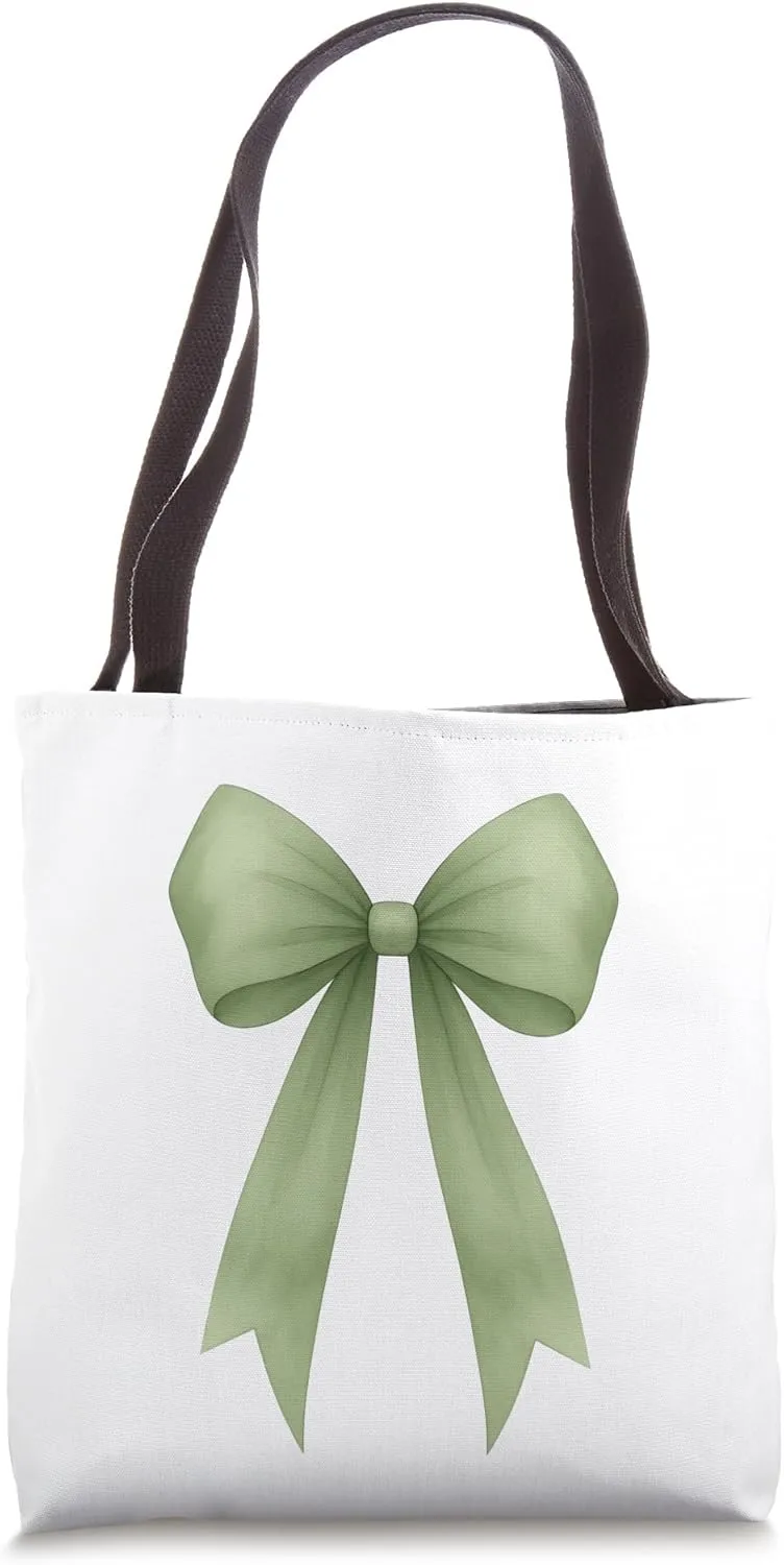 Sage Green Ribbon Aesthetic Cute Girly Bow Tote Bag