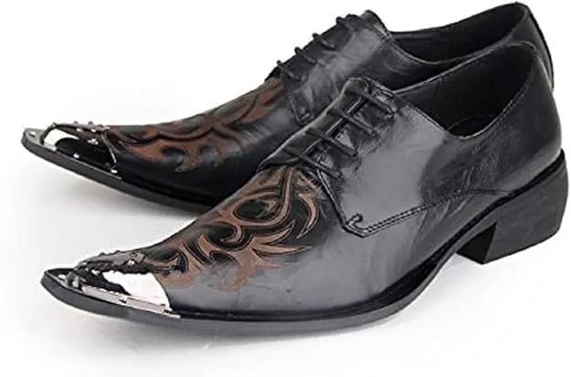 Santimon Mens Western Pointed Toe Leather Lace Up Dress Shoes Fashion Metal Tip Oxford