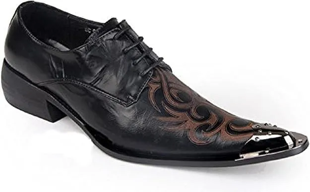 Santimon Mens Western Pointed Toe Leather Lace Up Dress Shoes Fashion Metal Tip Oxford