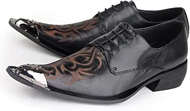 Santimon Mens Western Pointed Toe Leather Lace Up Dress Shoes Fashion Metal Tip Oxford