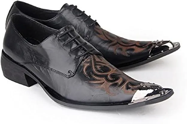Santimon Mens Western Pointed Toe Leather Lace Up Dress Shoes Fashion Metal Tip Oxford