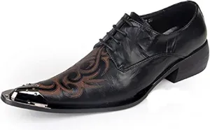 Santimon Mens Western Pointed Toe Leather Lace Up Dress Shoes Fashion Metal Tip Oxford