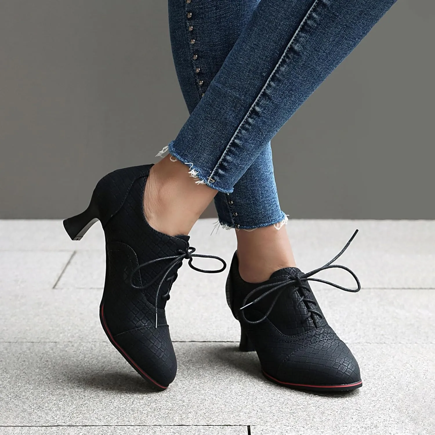 SHEMEE Women's Kitten Heels Oxford Pumps Victorian Style Vintage Mid-Heels Lace Up Brogues Witch Costume Cosplay Shoes