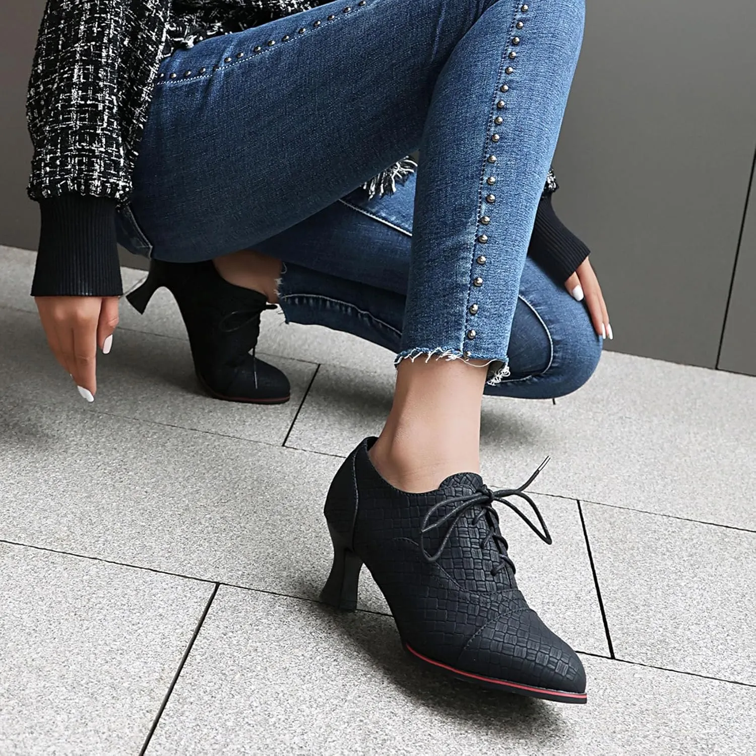 SHEMEE Women's Kitten Heels Oxford Pumps Victorian Style Vintage Mid-Heels Lace Up Brogues Witch Costume Cosplay Shoes