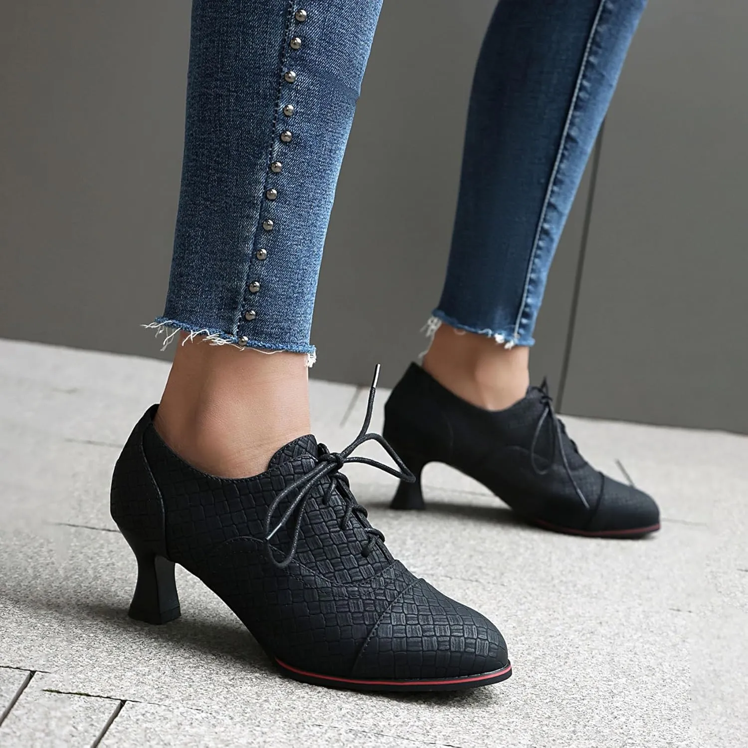 SHEMEE Women's Kitten Heels Oxford Pumps Victorian Style Vintage Mid-Heels Lace Up Brogues Witch Costume Cosplay Shoes