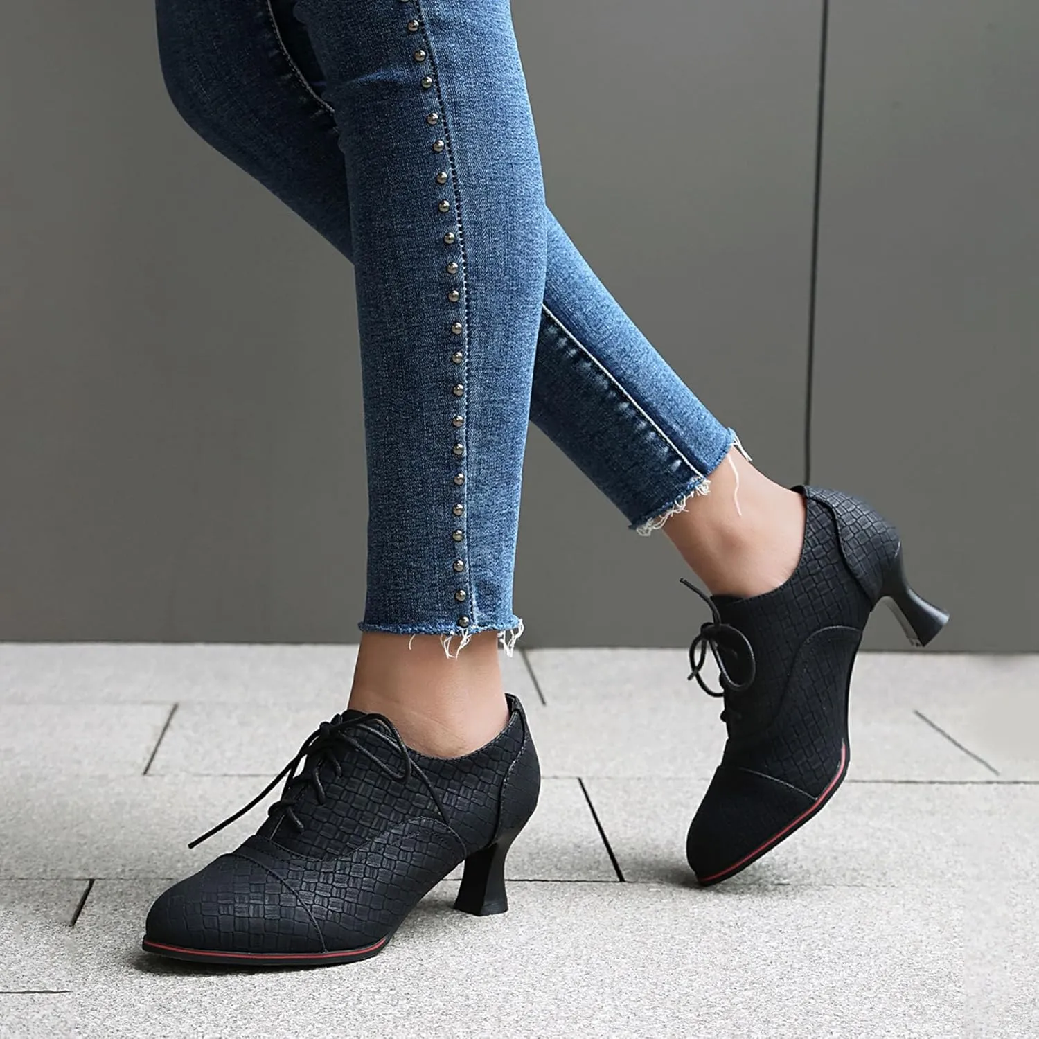 SHEMEE Women's Kitten Heels Oxford Pumps Victorian Style Vintage Mid-Heels Lace Up Brogues Witch Costume Cosplay Shoes