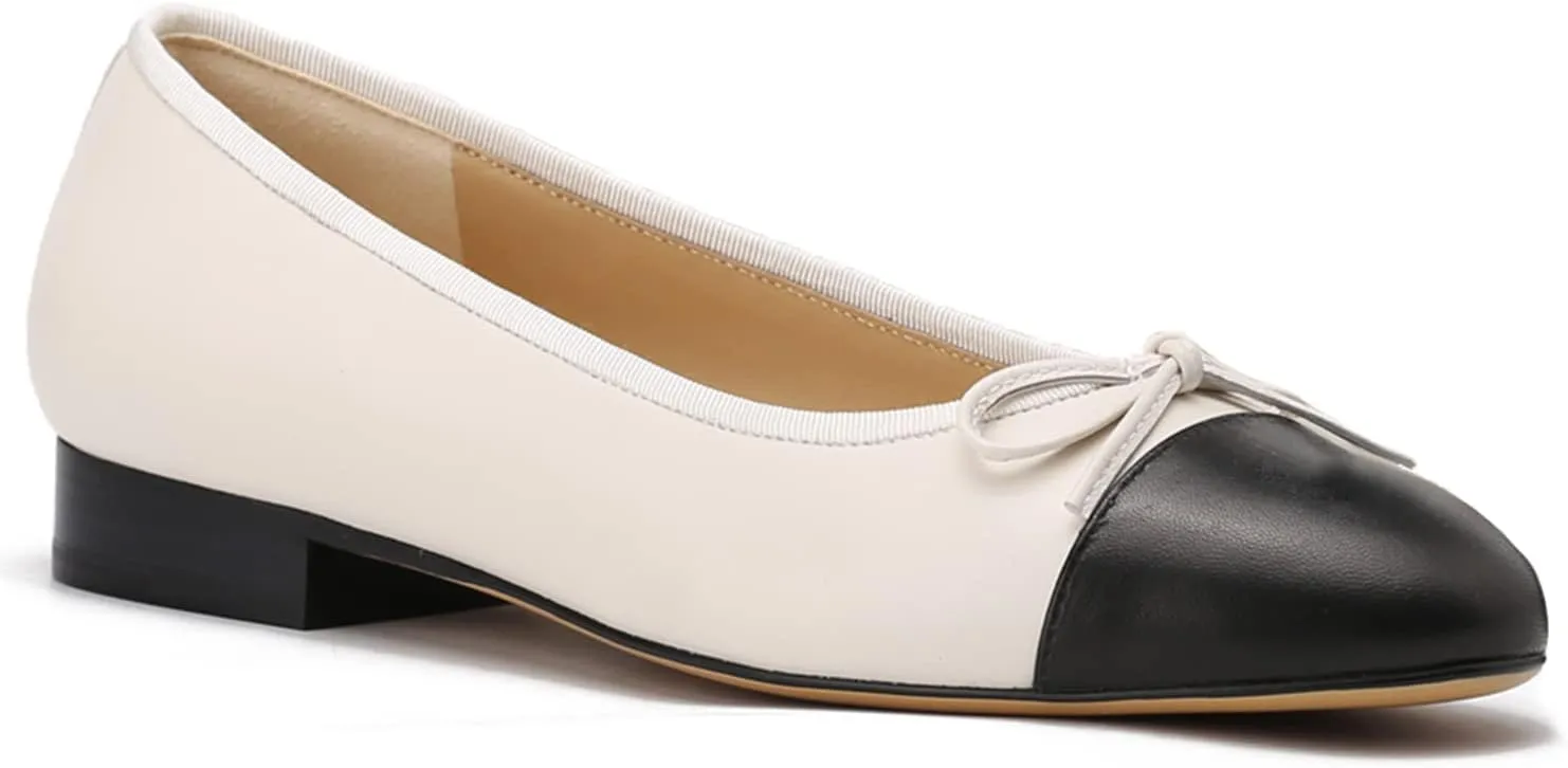 SHODENSE Women Cap Toe Bow Flats Two Tone Slip On Ballet Flats Comfy Closed Round Toe Flats Colorblock 1 Inch Low Flat Heel Dress Shoes Chic Chic Casual Drive Flat Shoes 4-11 M US
