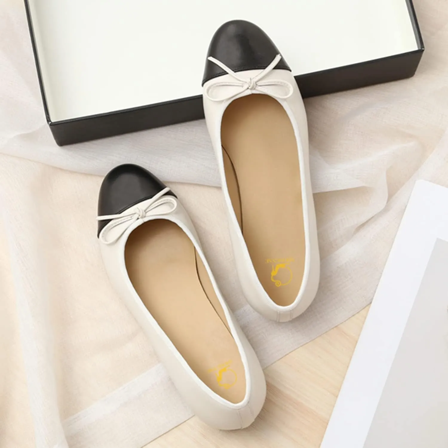 SHODENSE Women Cap Toe Bow Flats Two Tone Slip On Ballet Flats Comfy Closed Round Toe Flats Colorblock 1 Inch Low Flat Heel Dress Shoes Chic Chic Casual Drive Flat Shoes 4-11 M US