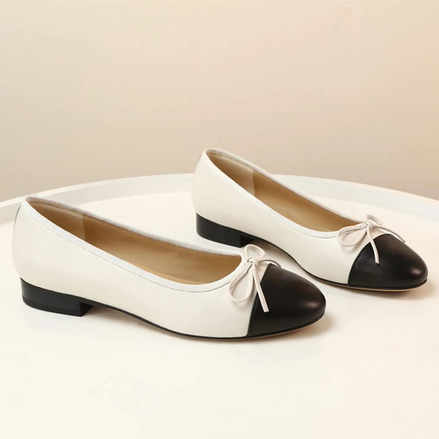 SHODENSE Women Cap Toe Bow Flats Two Tone Slip On Ballet Flats Comfy Closed Round Toe Flats Colorblock 1 Inch Low Flat Heel Dress Shoes Chic Chic Casual Drive Flat Shoes 4-11 M US