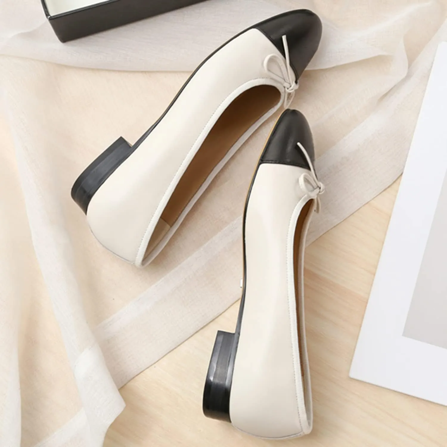 SHODENSE Women Cap Toe Bow Flats Two Tone Slip On Ballet Flats Comfy Closed Round Toe Flats Colorblock 1 Inch Low Flat Heel Dress Shoes Chic Chic Casual Drive Flat Shoes 4-11 M US