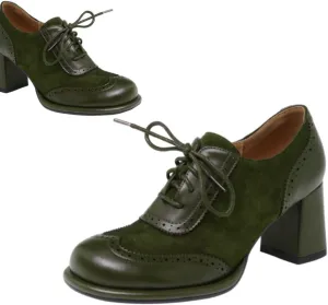 SHODENSE Women Chunky Heel Oxford Loafers Round Toe Lace Up Oxford Pumps Wingtips 3 inch Chunky Block Heel Dress Shoes Vintage Retro British Oxford Heels Matte Suede Office Casual 4-11 M US