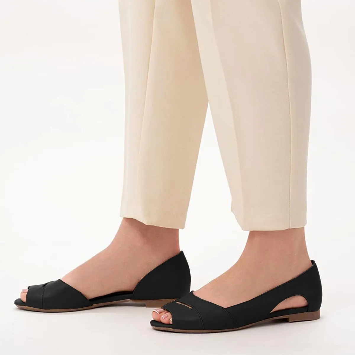 SHODENSE Women Open Peep Toe Flat Shoes Slip On Cutout Flat Sandals Round Toe Matte Leather Ballet Flats Office Work Comfort Flat Heel Summer Shoes for Ladies Girls Casual Driver Flats Club 4-11 M US