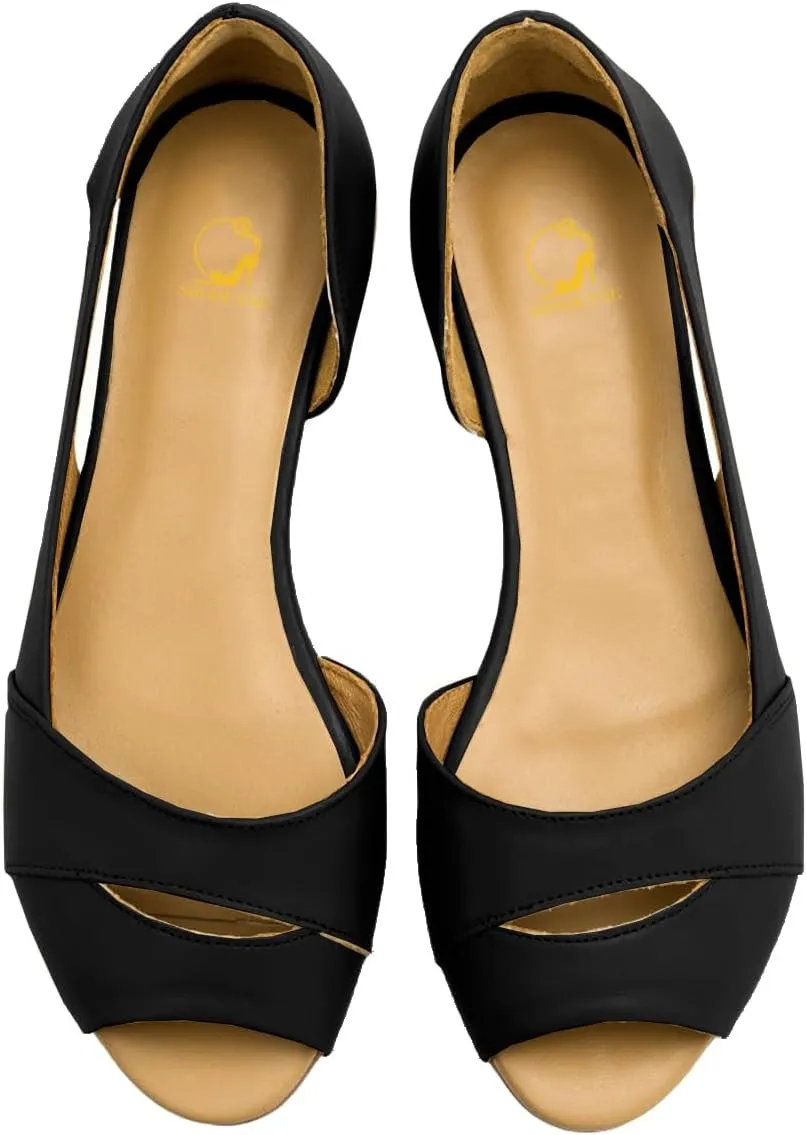 SHODENSE Women Open Peep Toe Flat Shoes Slip On Cutout Flat Sandals Round Toe Matte Leather Ballet Flats Office Work Comfort Flat Heel Summer Shoes for Ladies Girls Casual Driver Flats Club 4-11 M US