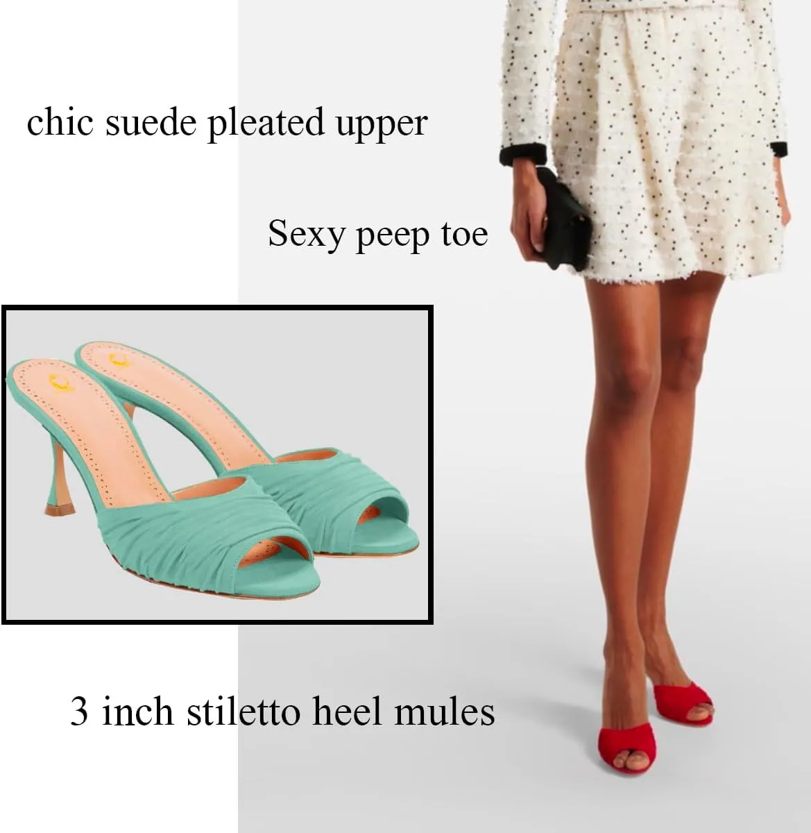 SHODENSE Women Suede Stiletto Heel Mules Evening Open Toe Slip On Mule Sandals Suede Pleated Sexy 3 Inch Stiletto Heeled Sandals Peep Toe Mule Heels Dress Party Wedding 4-11 M US