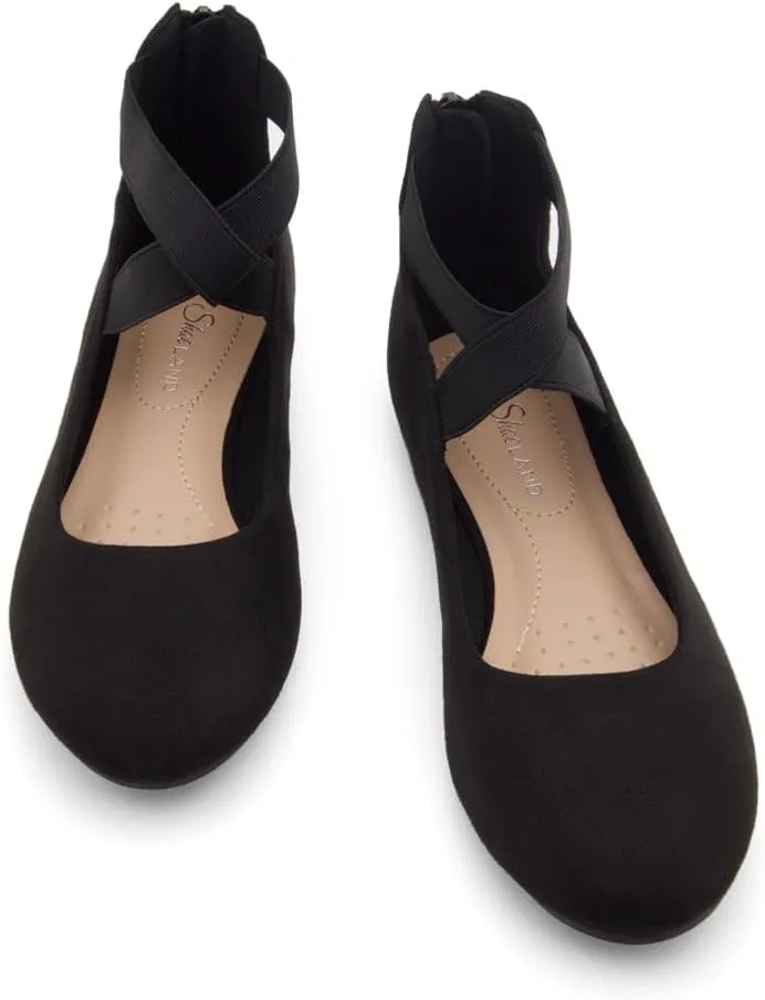 Shoe Land Women's Flats – Dressy & Casual Almond Toe Flat Shoes with Elastic Ankle Strap, Comfortable Slip-On Ballet Flats for Work, Office & Special Occasions