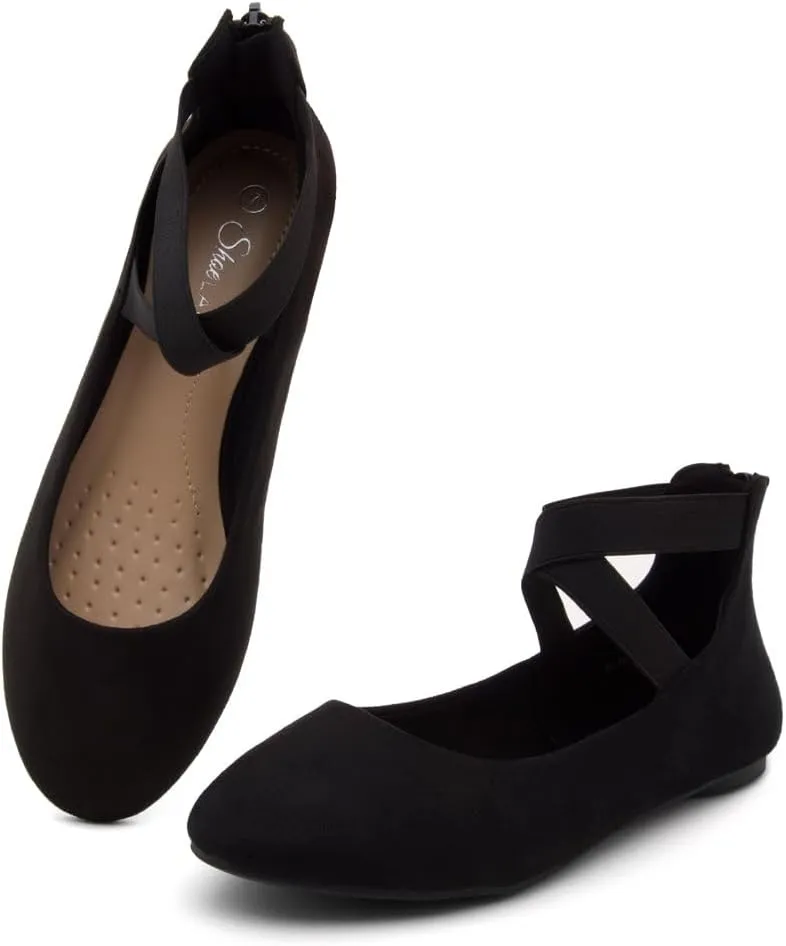 Shoe Land Women's Flats – Dressy & Casual Almond Toe Flat Shoes with Elastic Ankle Strap, Comfortable Slip-On Ballet Flats for Work, Office & Special Occasions