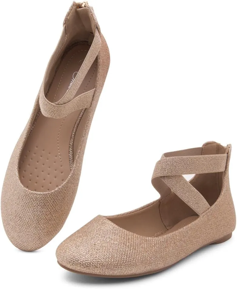 Shoe Land Women's Flats – Dressy & Casual Almond Toe Flat Shoes with Elastic Ankle Strap, Comfortable Slip-On Ballet Flats for Work, Office & Special Occasions