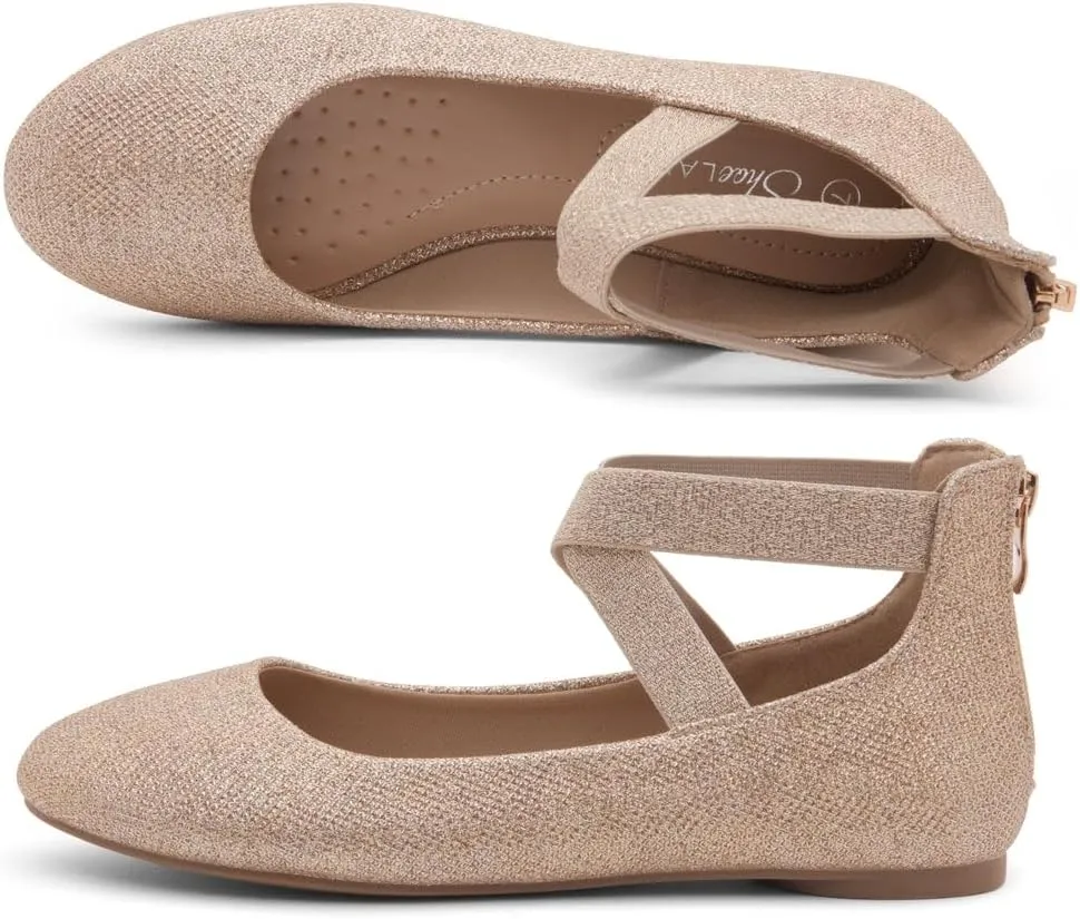 Shoe Land Women's Flats – Dressy & Casual Almond Toe Flat Shoes with Elastic Ankle Strap, Comfortable Slip-On Ballet Flats for Work, Office & Special Occasions