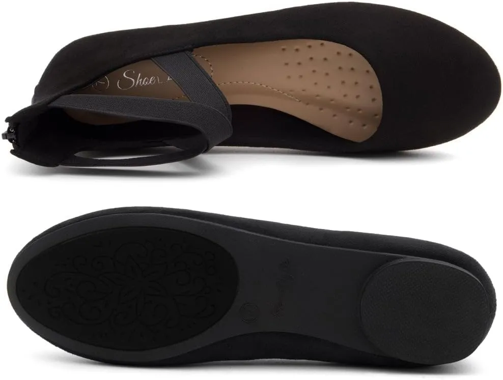 Shoe Land Women's Flats – Dressy & Casual Almond Toe Flat Shoes with Elastic Ankle Strap, Comfortable Slip-On Ballet Flats for Work, Office & Special Occasions