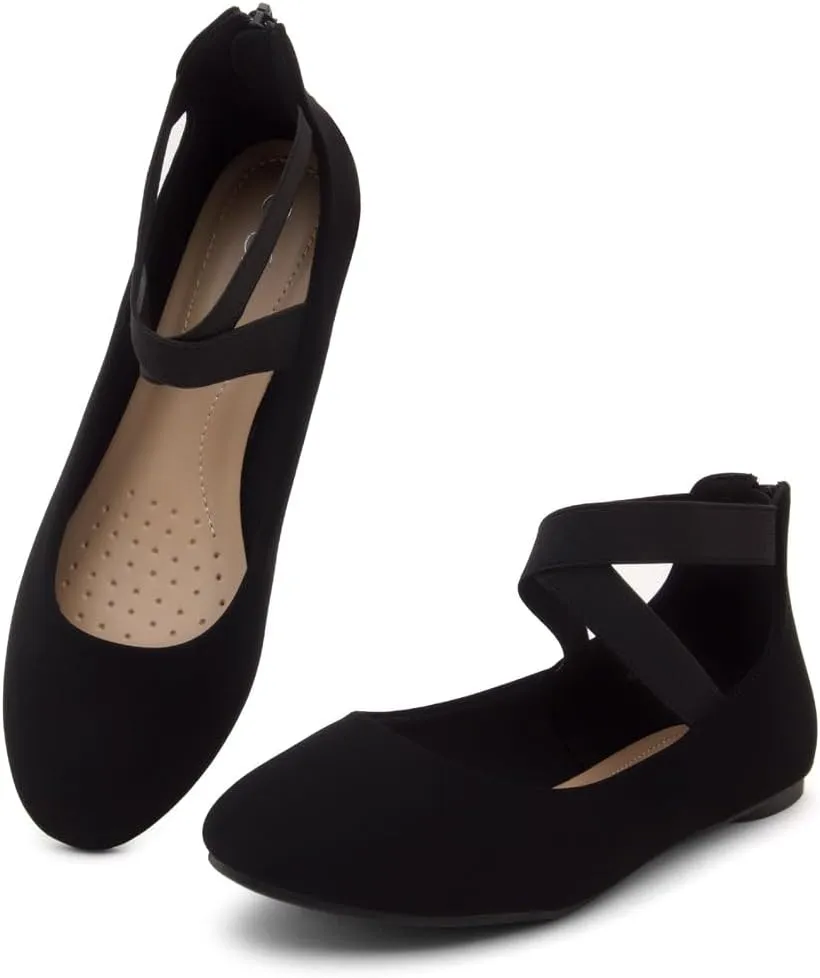 Shoe Land Women's Flats – Dressy & Casual Almond Toe Flat Shoes with Elastic Ankle Strap, Comfortable Slip-On Ballet Flats for Work, Office & Special Occasions