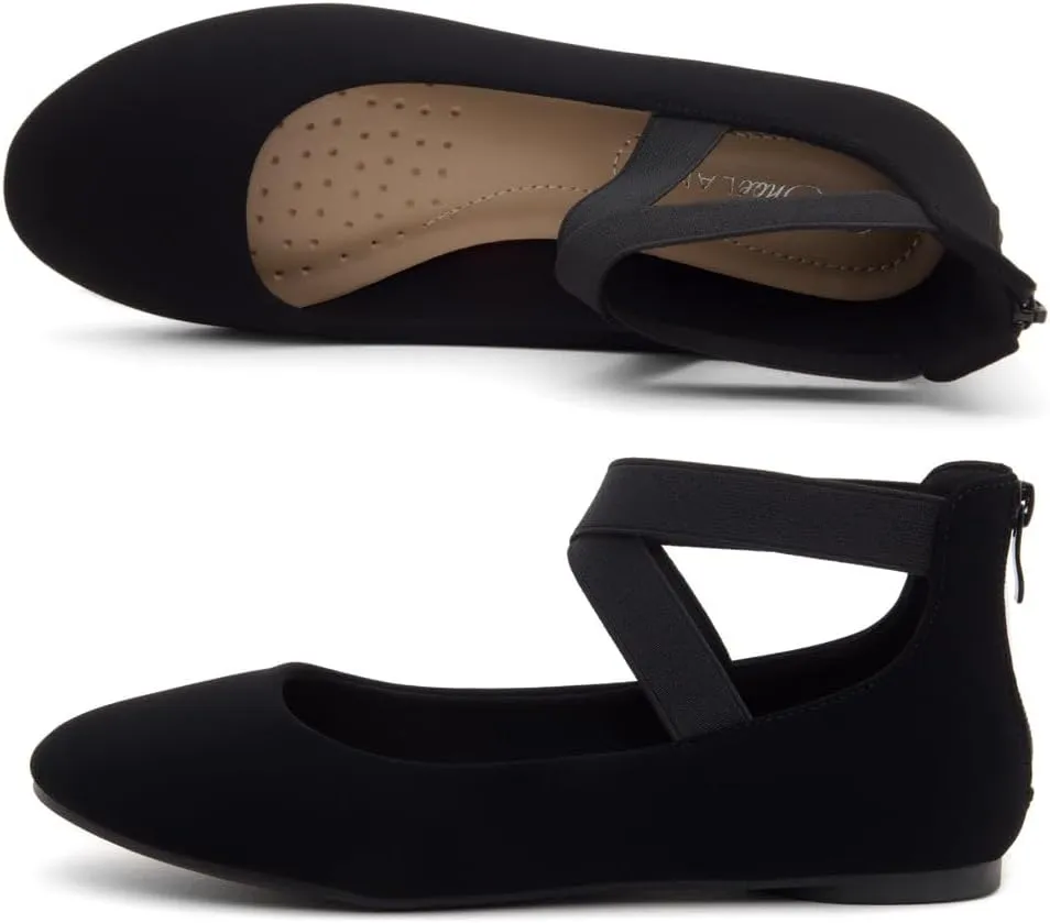 Shoe Land Women's Flats – Dressy & Casual Almond Toe Flat Shoes with Elastic Ankle Strap, Comfortable Slip-On Ballet Flats for Work, Office & Special Occasions