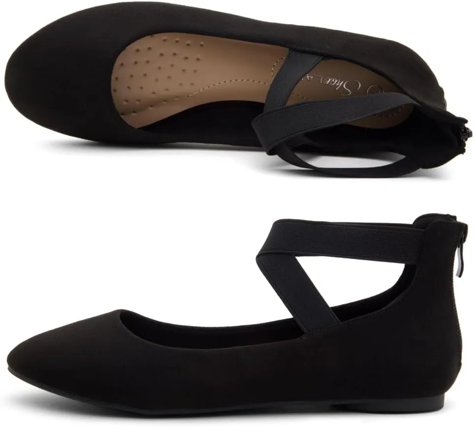 Shoe Land Women's Flats – Dressy & Casual Almond Toe Flat Shoes with Elastic Ankle Strap, Comfortable Slip-On Ballet Flats for Work, Office & Special Occasions
