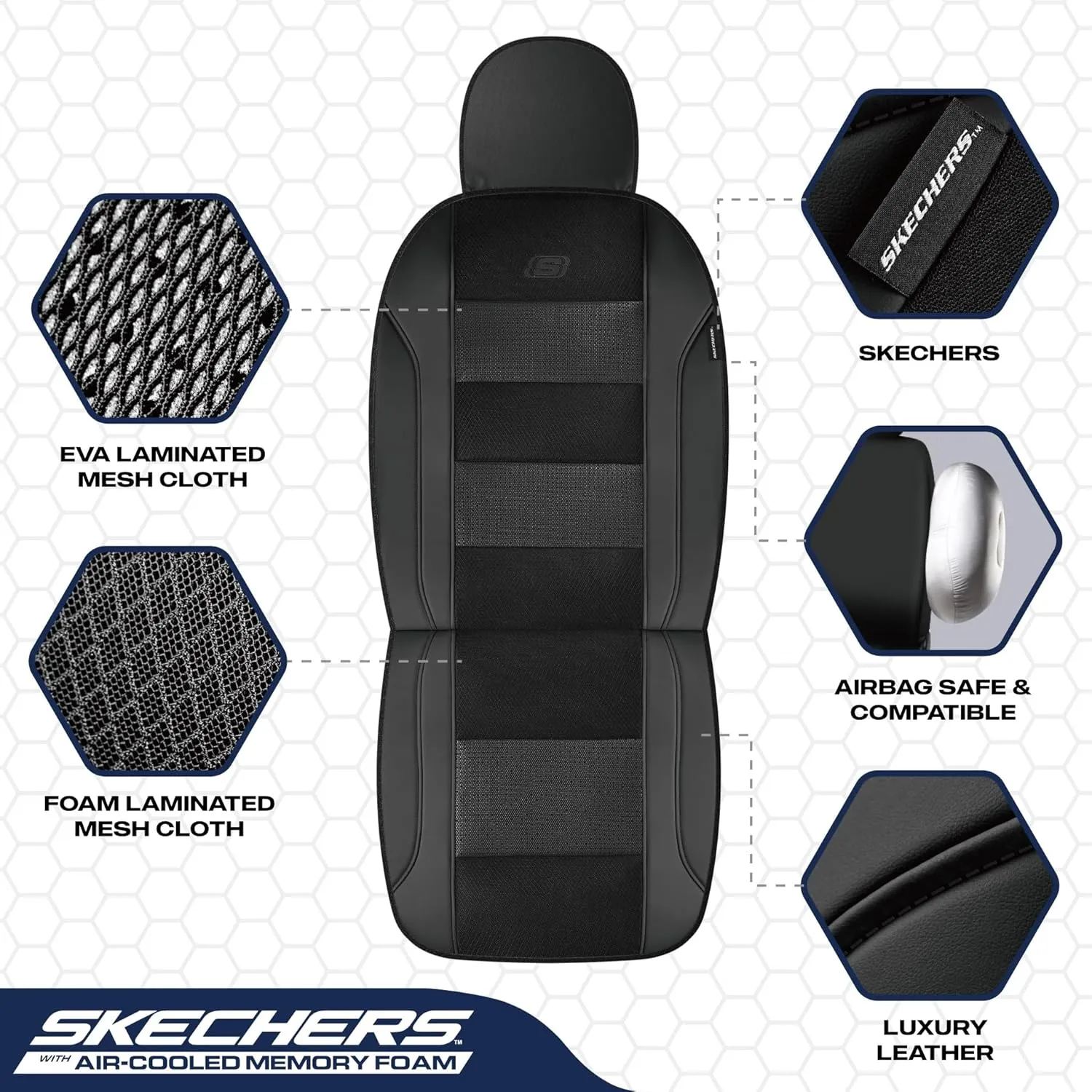 Skechers Aircooled & Memory Foam Car Seat Covers,Premium Leather with EVA Mesh Seat Covers, Front car seat Protector, Airbag Compatible, Automotive Comfort for Most Cars, Vans, Trucks, SUV,Black
