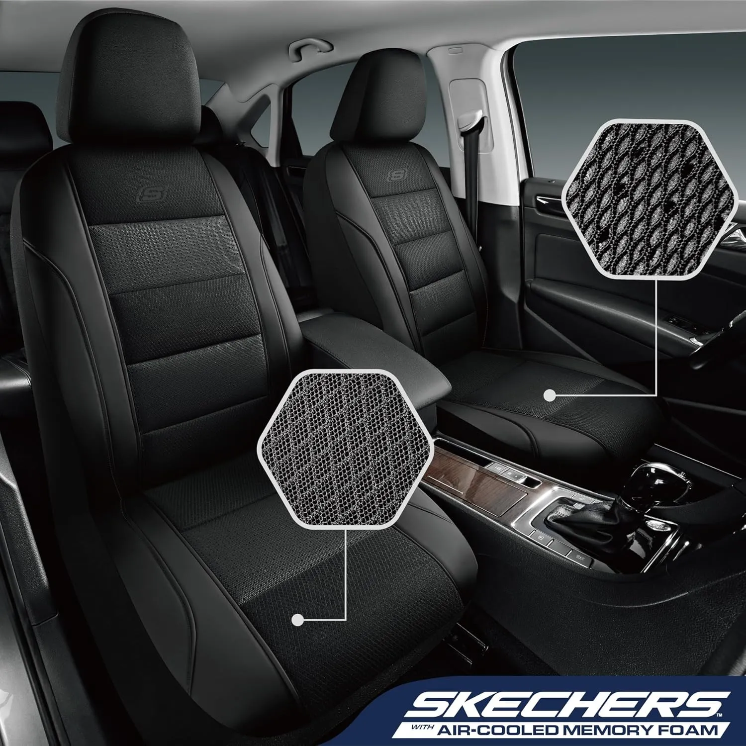 Skechers Aircooled & Memory Foam Car Seat Covers,Premium Leather with EVA Mesh Seat Covers, Front car seat Protector, Airbag Compatible, Automotive Comfort for Most Cars, Vans, Trucks, SUV,Black