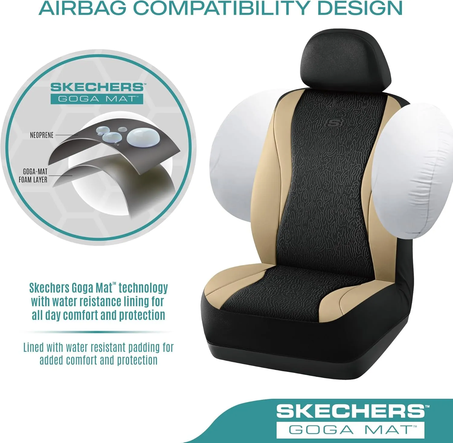 Skechers Car Seat Covers,Leather Seat Covers with GOGA Mat Technology,Waterproof Car Seat Covers Full Sets,Airbag Compatible,Comfort Universal Fit for Most Cars,Vans,Trucks,SUVs,Beige