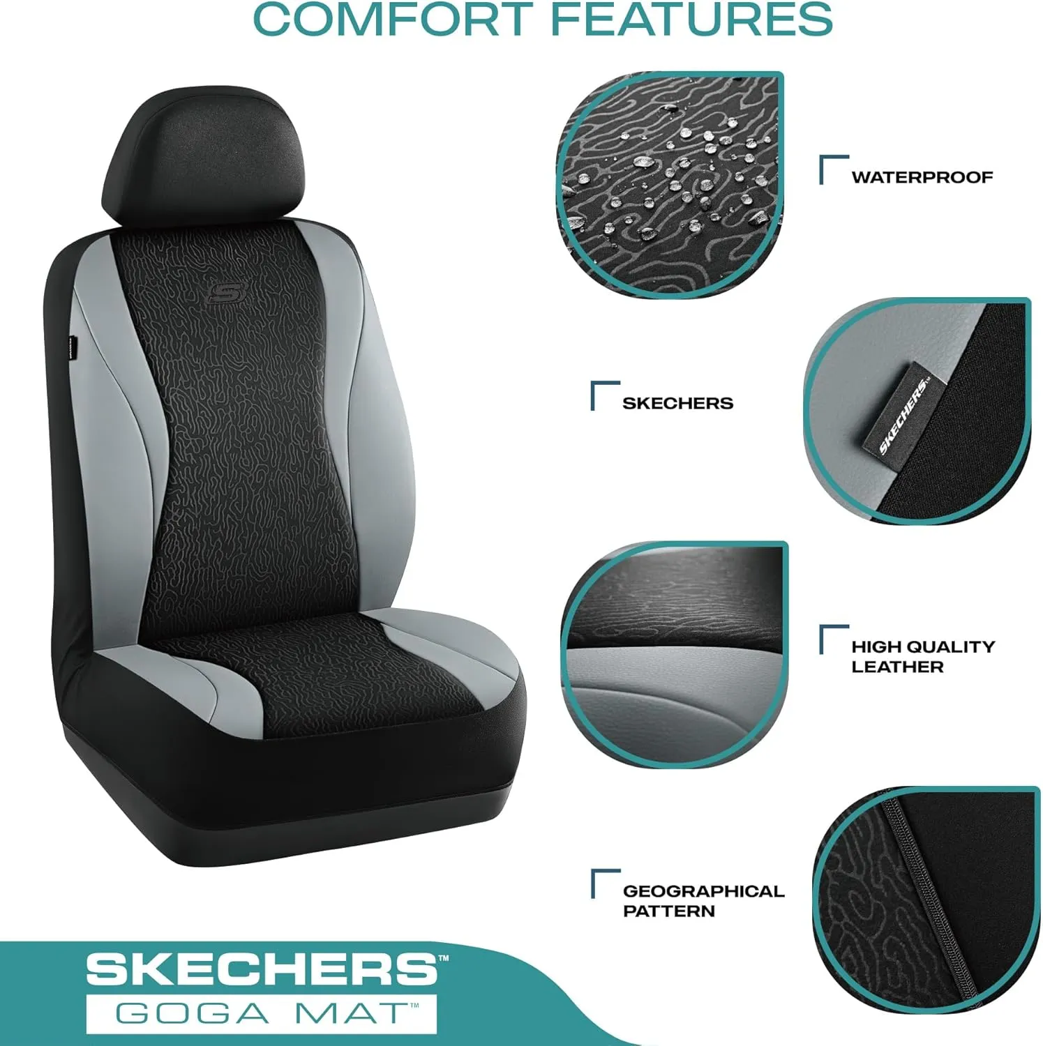 Skechers Car Seat Covers,Leather Seat Covers with GOGA Mat Technology,Waterproof Car Seat Covers Full Sets,Airbag Compatible,Comfort Universal Fit for Most Cars,Vans,Trucks,SUVs,Grey