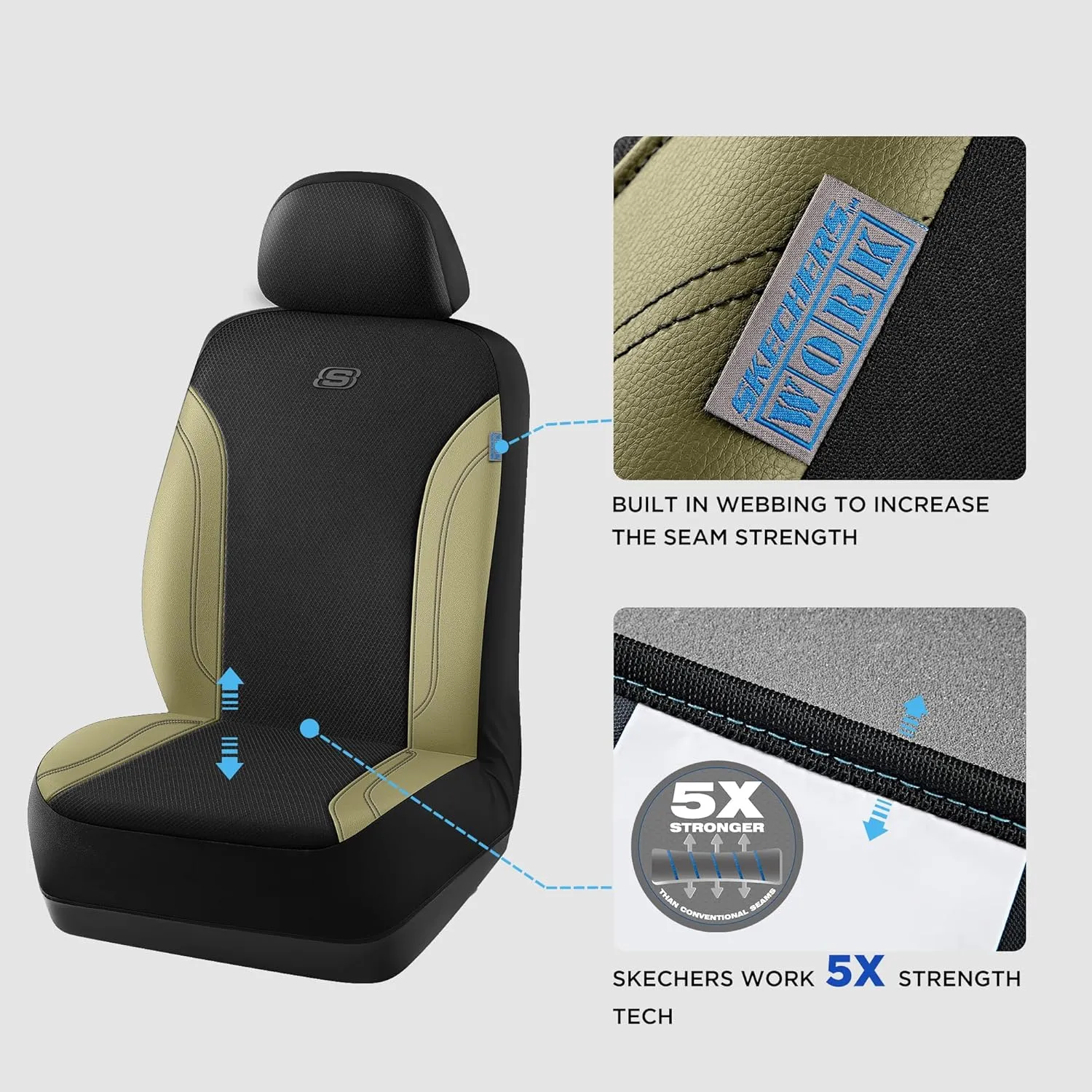 Skechers Work Car Seat Covers, Leather Seat Covers 5-Times Stronger Built-in Webbing, Oxford Fabric Seat Cover for Cars, Airbag Compatible, Automotive Comfort for Cars, Trucks, SUVs (Beige, Two Front)