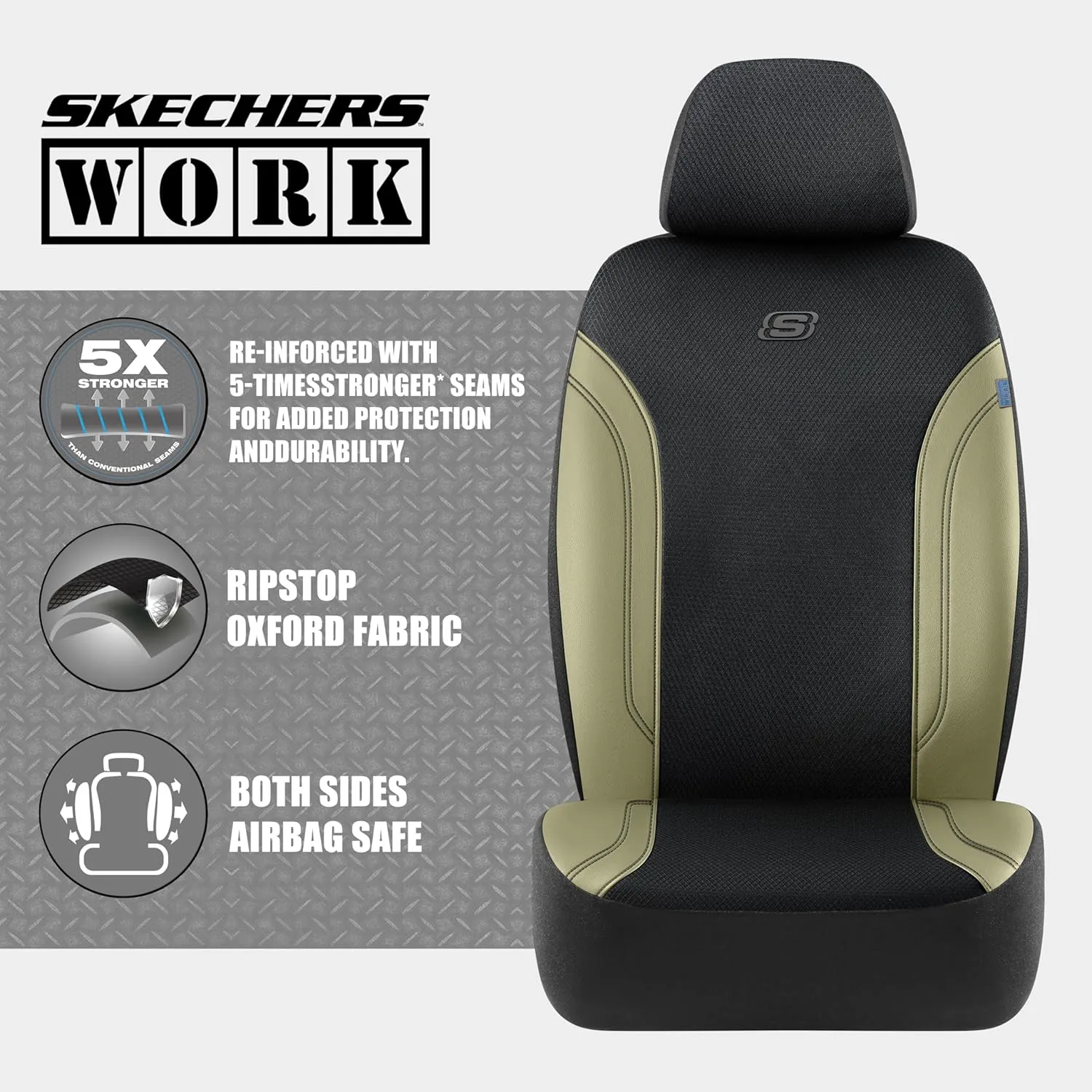 Skechers Work Car Seat Covers, Leather Seat Covers 5-Times Stronger Built-in Webbing, Oxford Fabric Seat Cover for Cars, Airbag Compatible, Automotive Comfort for Cars, Trucks, SUVs (Beige, Two Front)