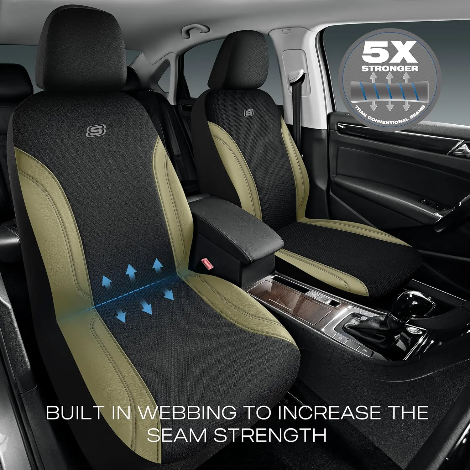 Skechers Work Car Seat Covers, Leather Seat Covers 5-Times Stronger Built-in Webbing, Oxford Fabric Seat Cover for Cars, Airbag Compatible, Automotive Comfort for Cars, Trucks, SUVs (Beige, Two Front)