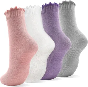 SkiBeaut Pilates Yoga Grips Socks, 4 Pairs Non Slip Skid Women Reformer Hospital Sticky Socks for Elderly Pregnancy Lady