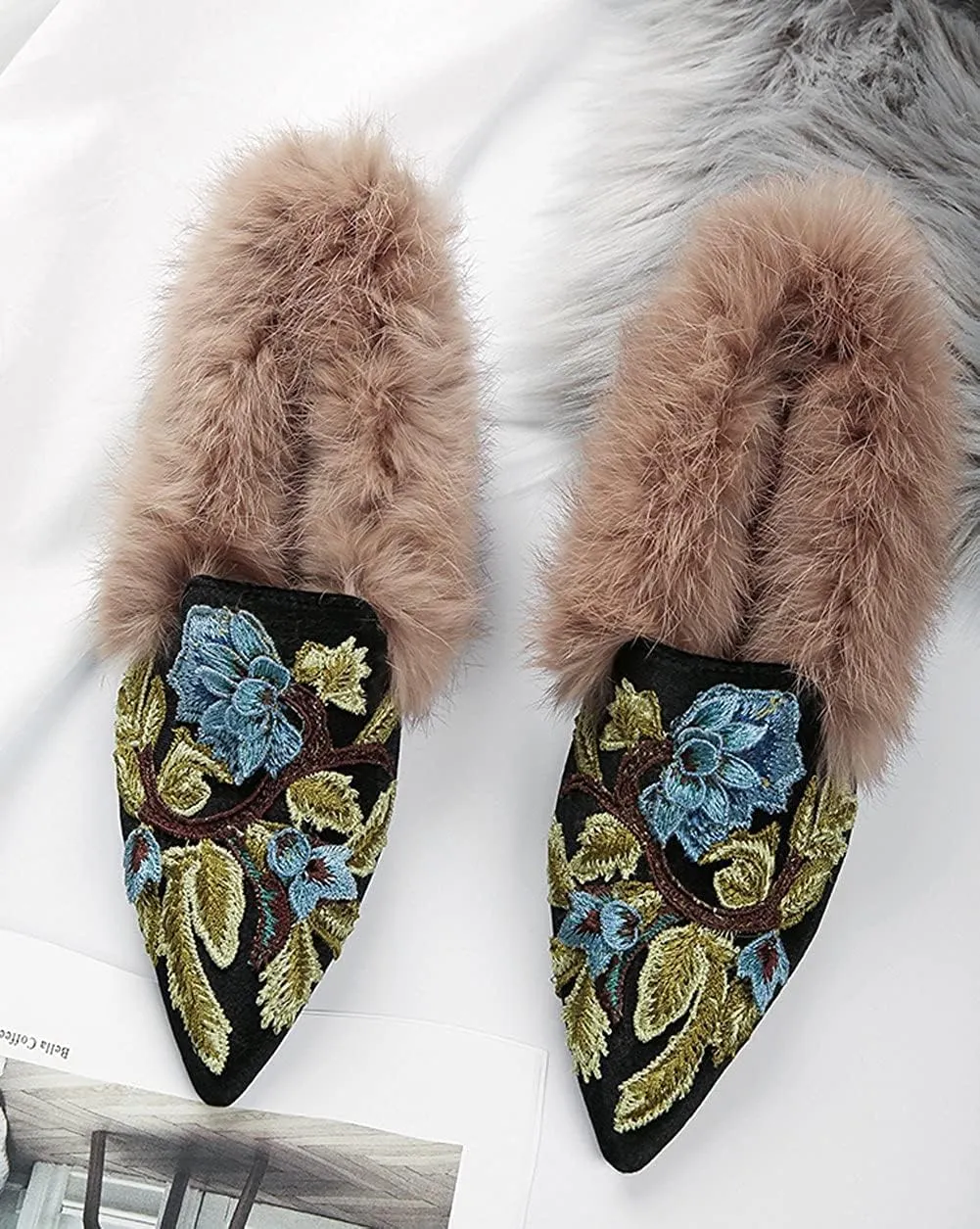 Slip On Loafers, Womens Embroidery Mule Shoes with Plush Lamb Fur Velvet Backless Pointed Toe Mule Slide