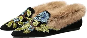 Slip On Loafers, Womens Embroidery Mule Shoes with Plush Lamb Fur Velvet Backless Pointed Toe Mule Slide