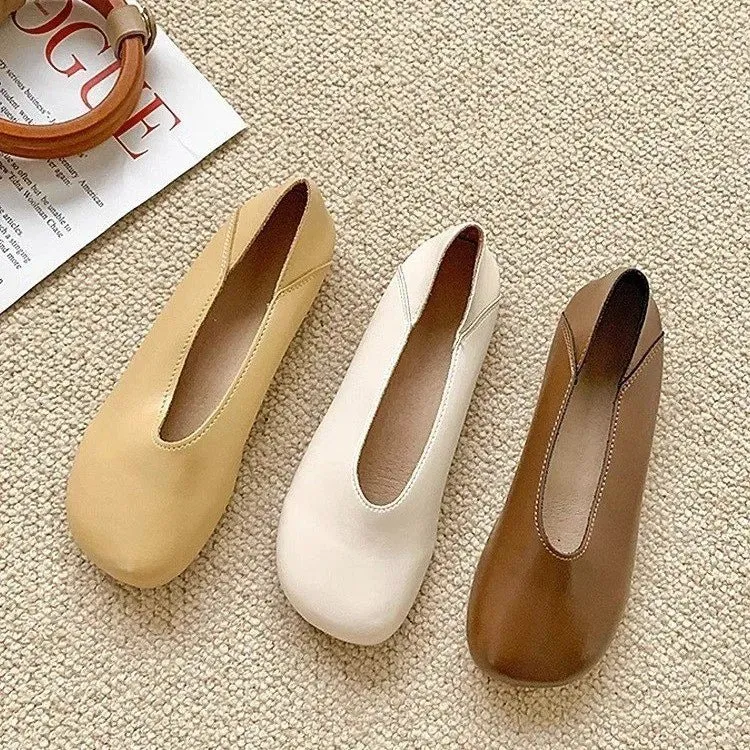 Smile Circle Leather Ballet Flats - Simple and Comfortable Round Toe Shoes for Women
