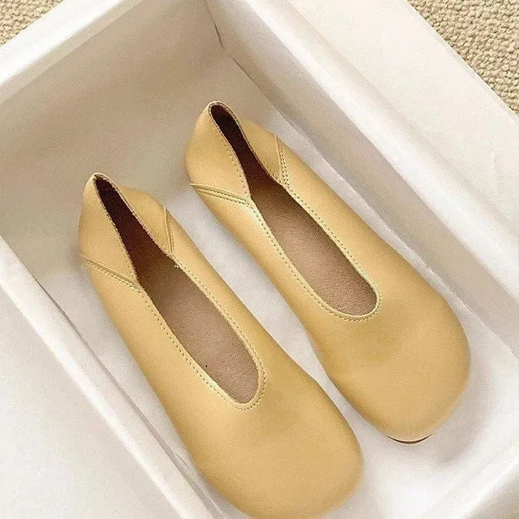 Smile Circle Leather Ballet Flats - Simple and Comfortable Round Toe Shoes for Women