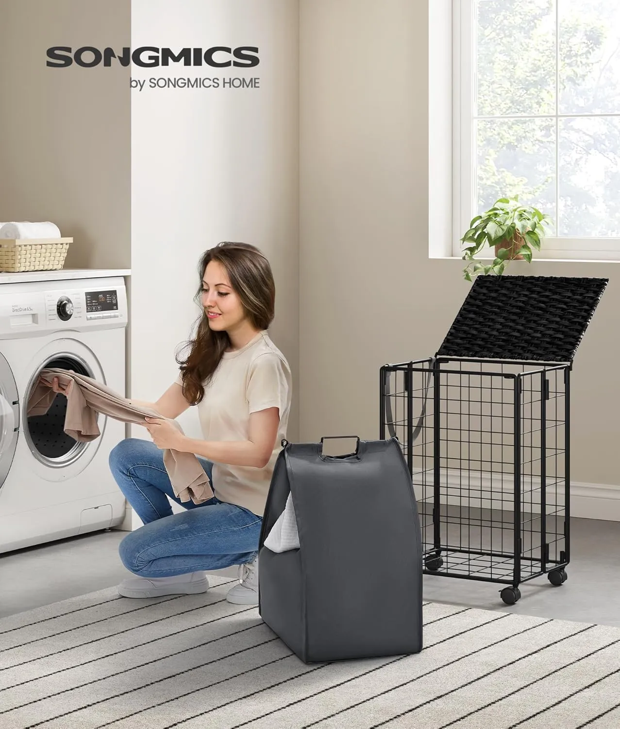 SONGMICS Laundry Hamper, 90L Laundry Basket with Lid, Clothes Hamper with Wheels, Collapsible Removable Liner Bag, Iron-Made Laundry Sorter, Ink Black and Slate Gray ULCB290B11