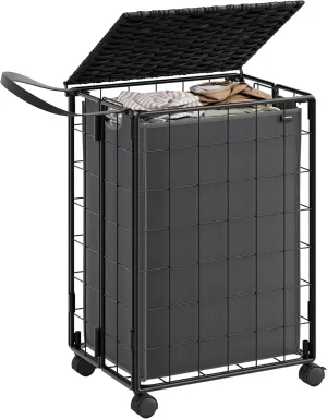 SONGMICS Laundry Hamper, 90L Laundry Basket with Lid, Clothes Hamper with Wheels, Collapsible Removable Liner Bag, Iron-Made Laundry Sorter, Ink Black and Slate Gray ULCB290B11