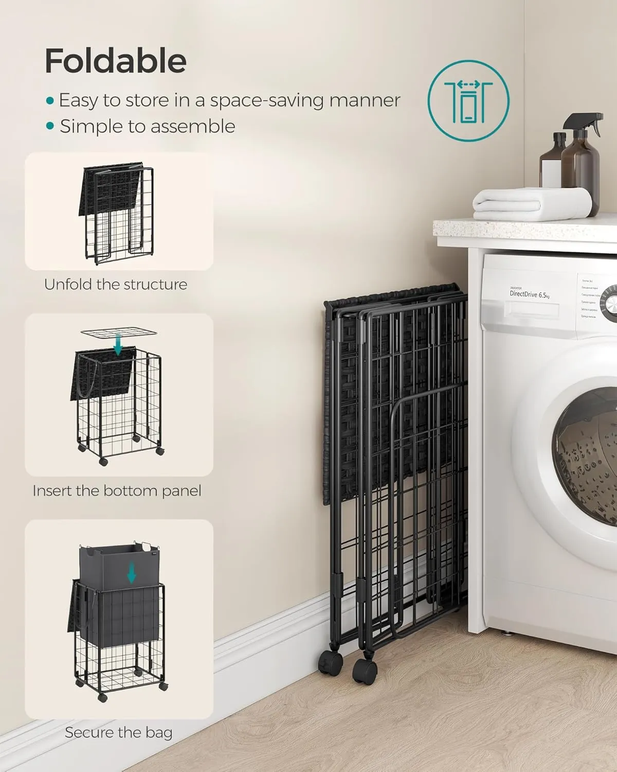 SONGMICS Laundry Hamper, 90L Laundry Basket with Lid, Clothes Hamper with Wheels, Collapsible Removable Liner Bag, Iron-Made Laundry Sorter, Ink Black and Slate Gray ULCB290B11