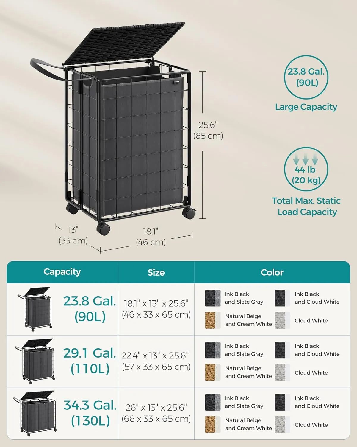 SONGMICS Laundry Hamper, 90L Laundry Basket with Lid, Clothes Hamper with Wheels, Collapsible Removable Liner Bag, Iron-Made Laundry Sorter, Ink Black and Slate Gray ULCB290B11