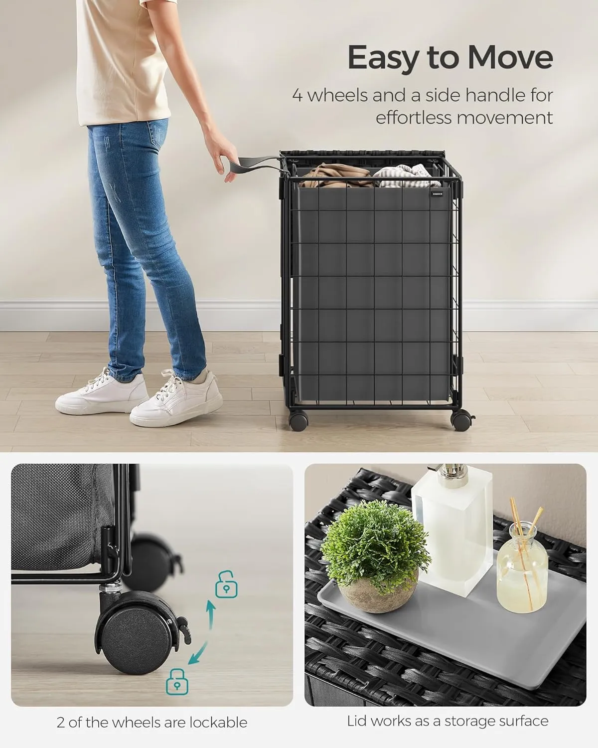 SONGMICS Laundry Hamper, 90L Laundry Basket with Lid, Clothes Hamper with Wheels, Collapsible Removable Liner Bag, Iron-Made Laundry Sorter, Ink Black and Slate Gray ULCB290B11