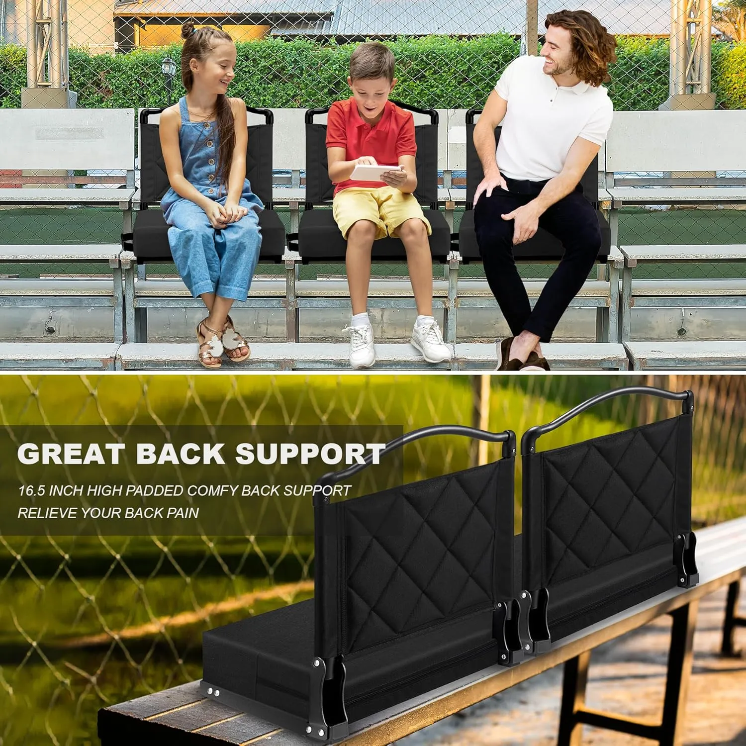 Stadium Seats with Back Support Cushion, Folding Stadium Seats for Bleachers Hold up 400lbs, Wide Bleacher Seat with Shoulder Strap & Handle Comfort for Sports Events (Black, 2pcs)